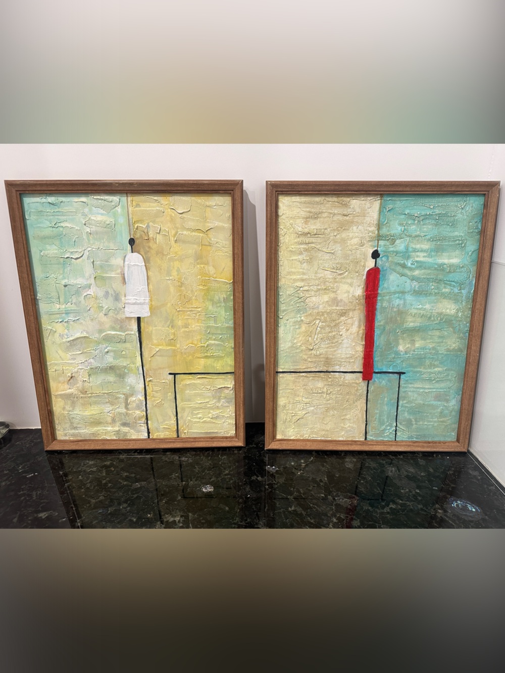 Abstract Textured Diptych Wall Art in Yellow, Cream, Blue & Red